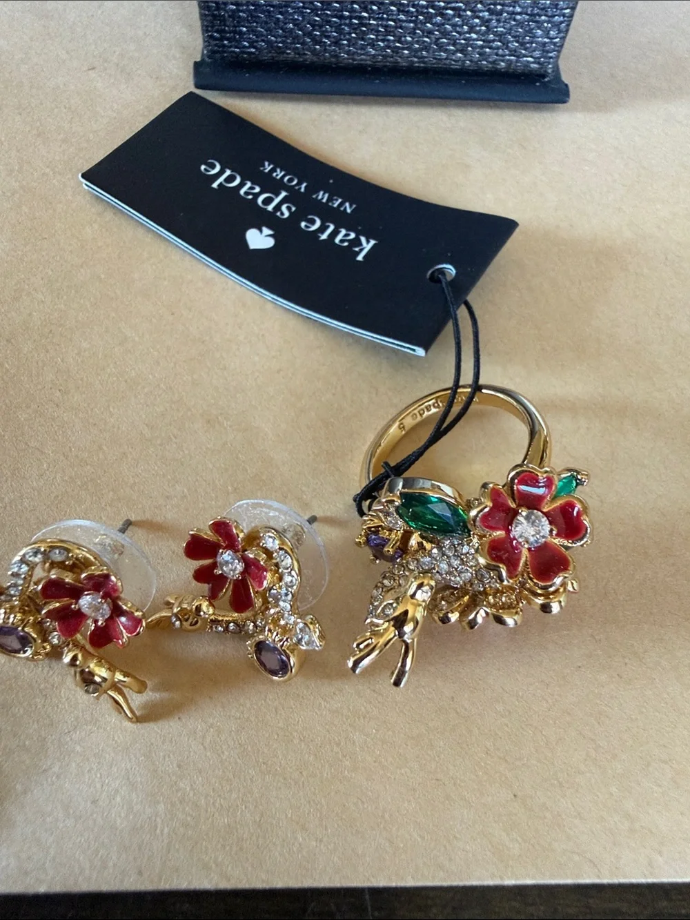 kate spade gold-tone red and green floral dragon ring and stud earring set
